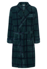 Fleece-lined bathrobe in a printed green pattern