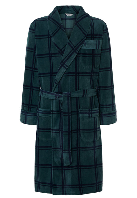 Fleece-lined bathrobe in a printed green pattern