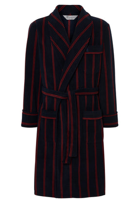Fleece dressing gown in navy with a printed red stripe