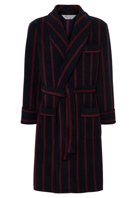 Fleece dressing gown in navy with a printed red stripe