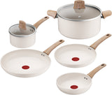 Five piece cream ceramic pan set with wood-effect handles and glass lids