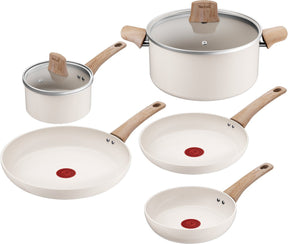 Five piece cream ceramic pan set with wood-effect handles and glass lids