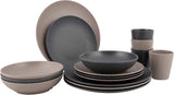 Sixteen piece dinner set in beige and dark grey, plates bowls and tumblers stacked