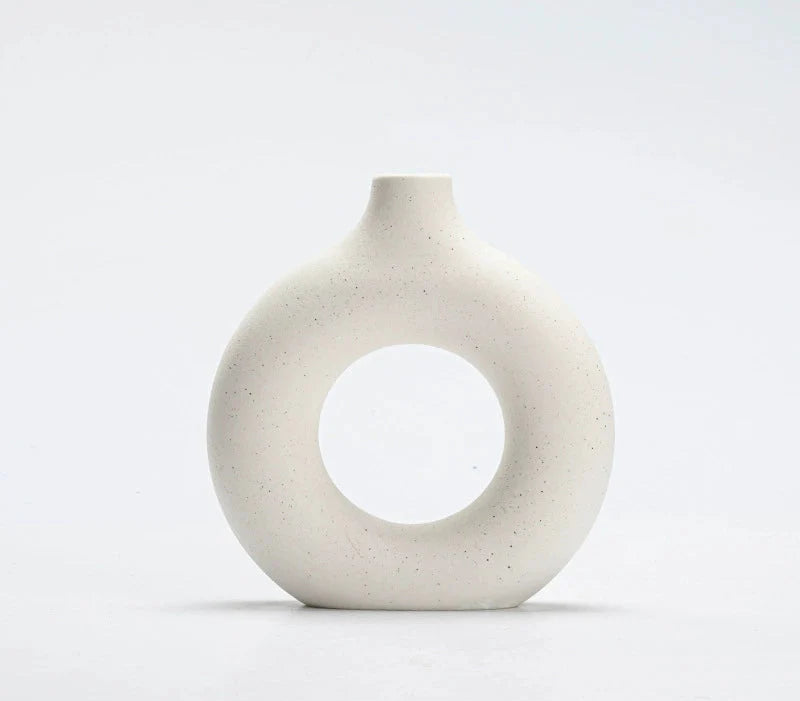 Modern Nordic Circle Ceramic Vase – Minimalist Hollow Sculpture Vessels for Home Decor