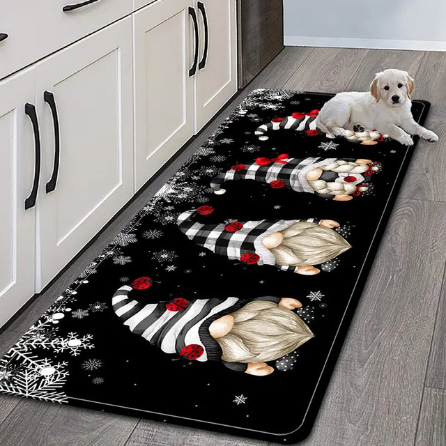 Black Christmas runner rug printed with gnomes in striped hats on a kitchen floor