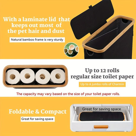 Toilet Roll Storage Basket with Bamboo Frame and Lid