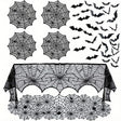 Black spider web lace table mats, fireplace scarf and bat wall stickers
