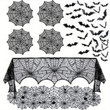 Black spider web lace table mats, fireplace scarf and bat wall stickers