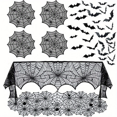 Black spider web lace table mats, fireplace scarf and bat wall stickers