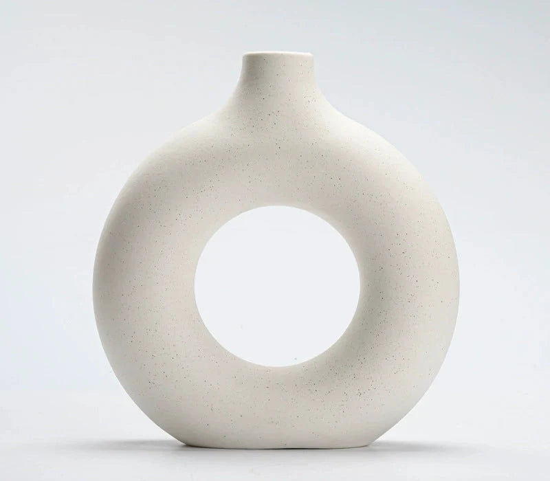 Modern Nordic Circle Ceramic Vase – Minimalist Hollow Sculpture Vessels for Home Decor
