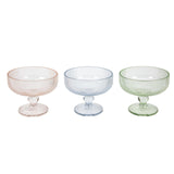 Ribbed footed coupe glasses in pink, blue and green