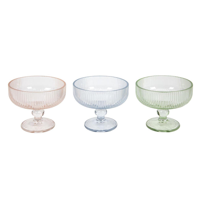 Ribbed footed coupe glasses in pink, blue and green