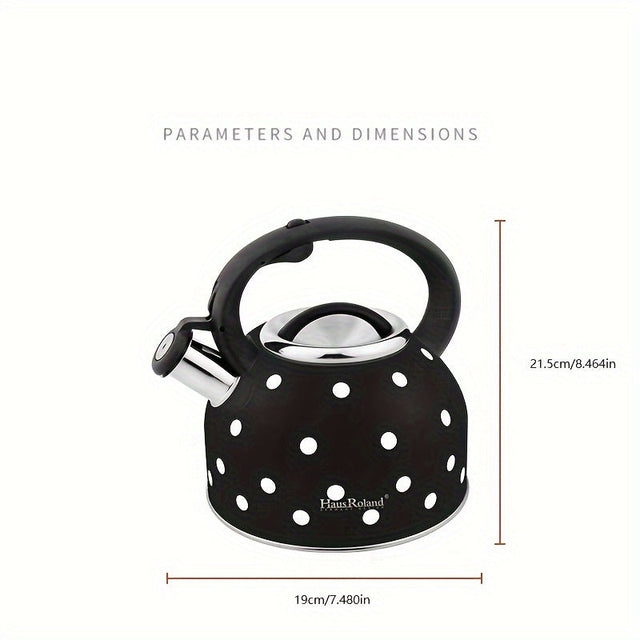 Black stainless steel kettle with white polka dots