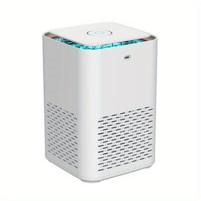 Compact desk air purifier in white, 14.8 cm across