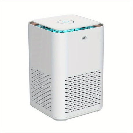 Compact desk air purifier in white, 14.8 cm across