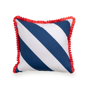 Cushion cover with deep blue and white diagonal stripes and a red ruffle