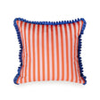 Cushion cover with fine warm-toned stripes and a deep blue ruffle