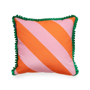 Cushion cover with orange and pink diagonal stripes and a green ruffle