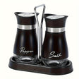 Black salt and pepper shakers on a black stand with a chrome handle