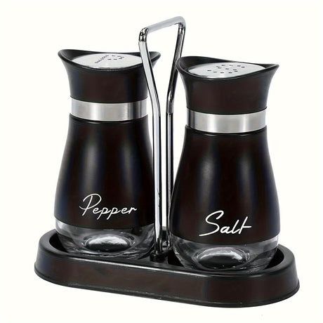Black salt and pepper shakers on a black stand with a chrome handle