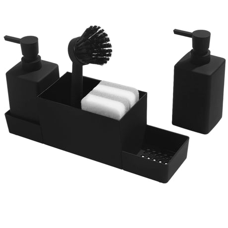 Black kitchen sink set with two pump dispensers, a dish brush and white sponges in a caddy