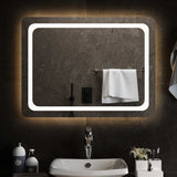 A rectangular bathroom mirror, wider than it is tall, lit around the edge by an integrated LED strip