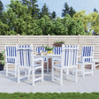 White and blue striped low-back chair cushions