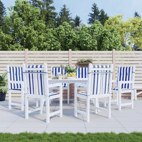 White and blue striped low-back chair cushions