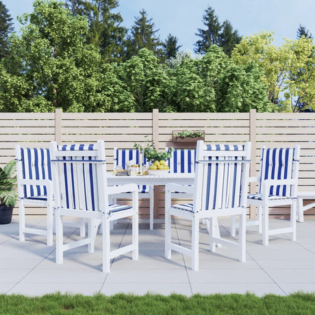 White and blue striped low-back chair cushions