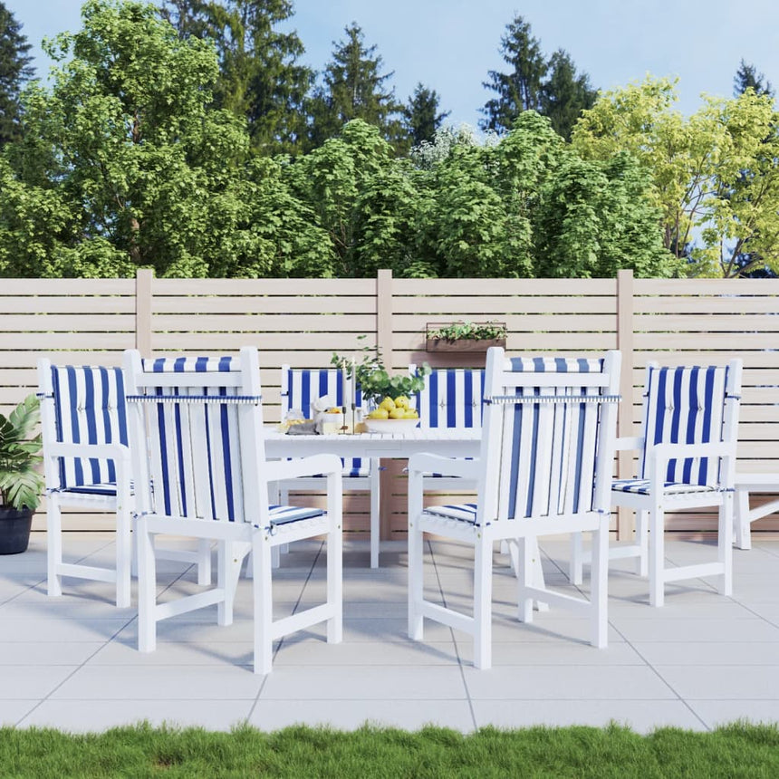 White and blue striped low-back chair cushions