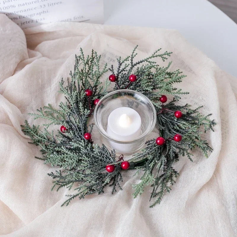 Artificial Christmas Candle Garland Ring With Red Fruits-1