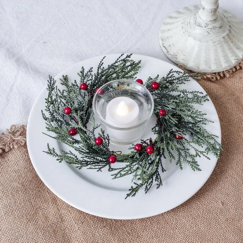 Artificial Christmas Candle Garland Ring With Red Fruits-3