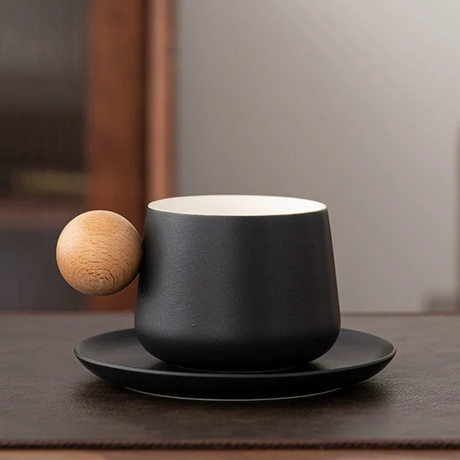 Ceramic Mug & Saucer with Wooden Ball Handle