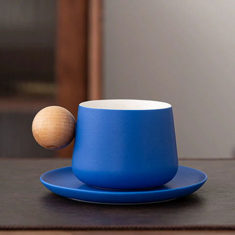 Ceramic Mug & Saucer with Wooden Ball Handle