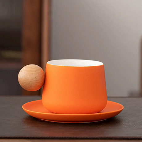 Ceramic Mug & Saucer with Wooden Ball Handle