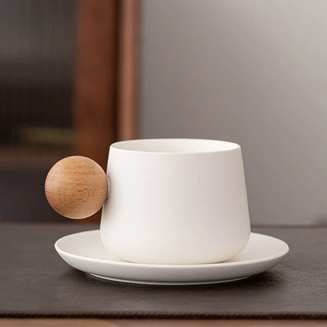 Ceramic Mug & Saucer with Wooden Ball Handle