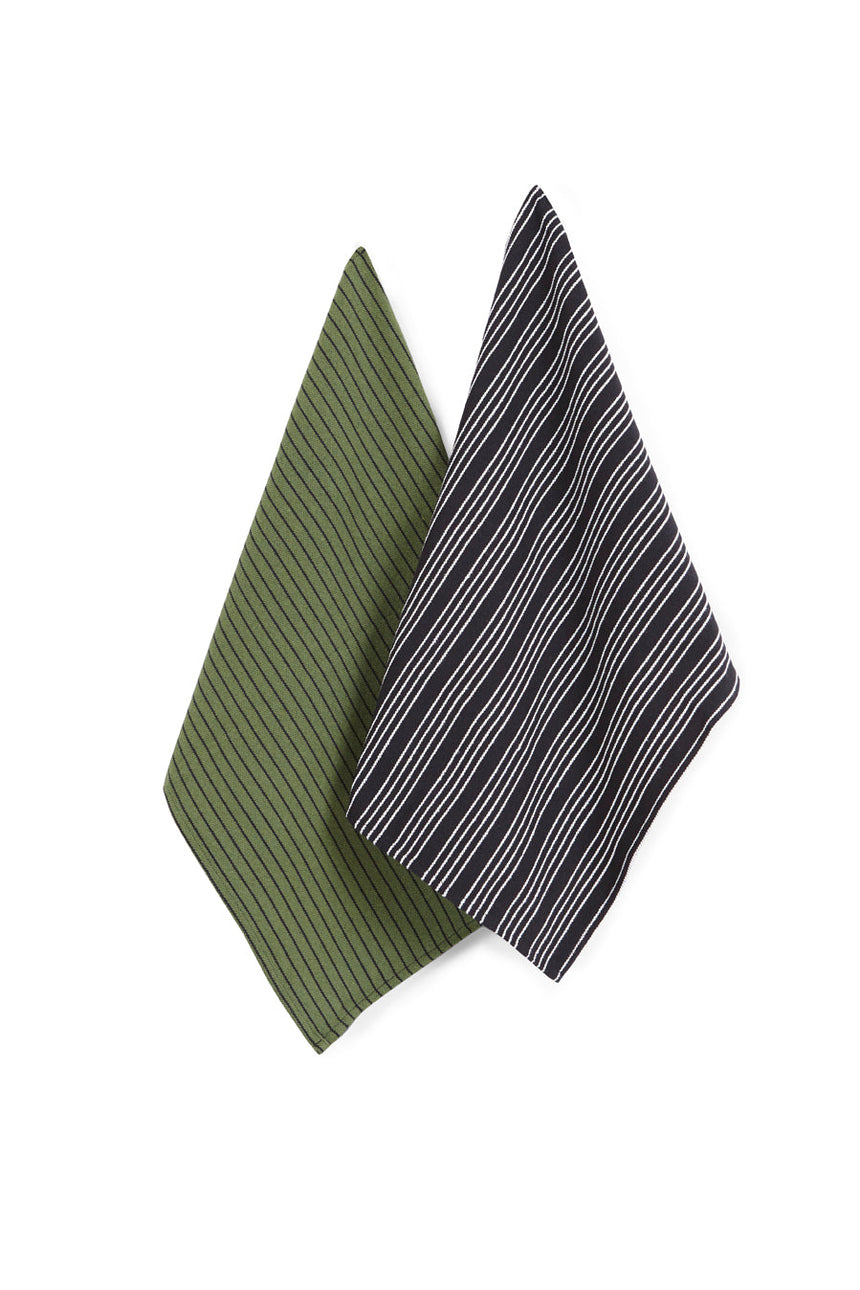 Two canvas tea towels in green and black