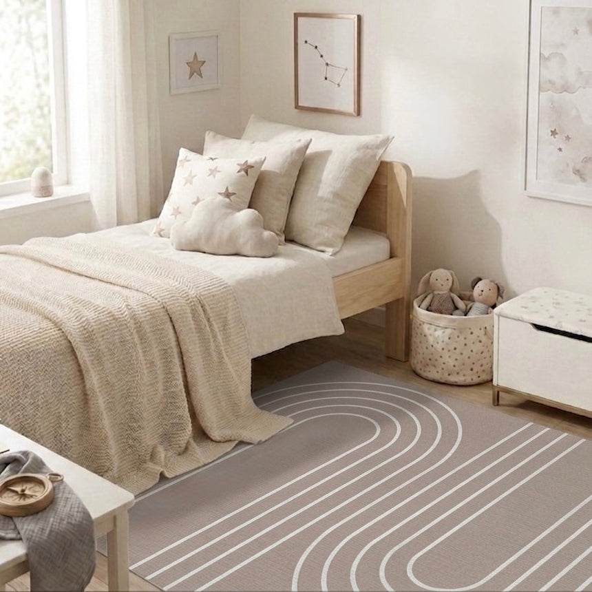 Taupe vinyl rug with white curved lines in a child's bedroom