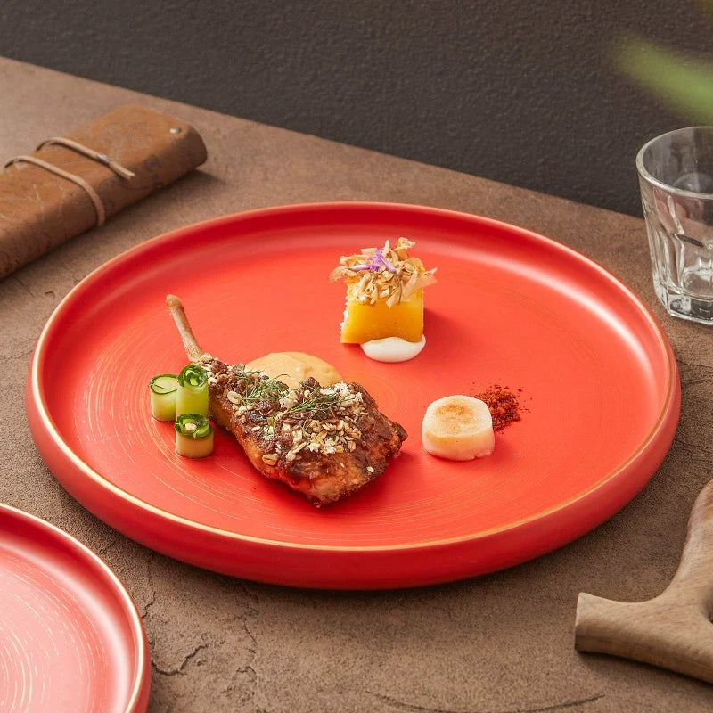 Matte Ceramic Plate with Raised Rim, Gold-Brushed Edge