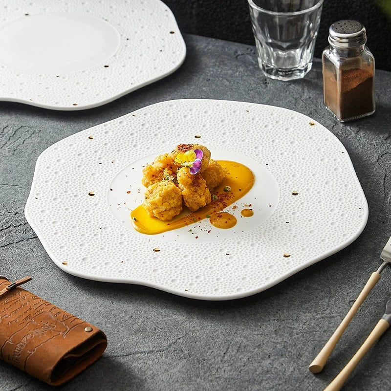 Wave Edge Porcelain Plate with Gold Specks