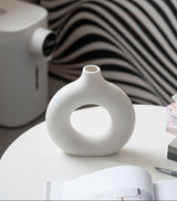 Modern Nordic Circle Ceramic Vase – Minimalist Hollow Sculpture Vessels for Home Decor