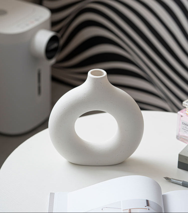 Modern Nordic Circle Ceramic Vase – Minimalist Hollow Sculpture Vessels for Home Decor