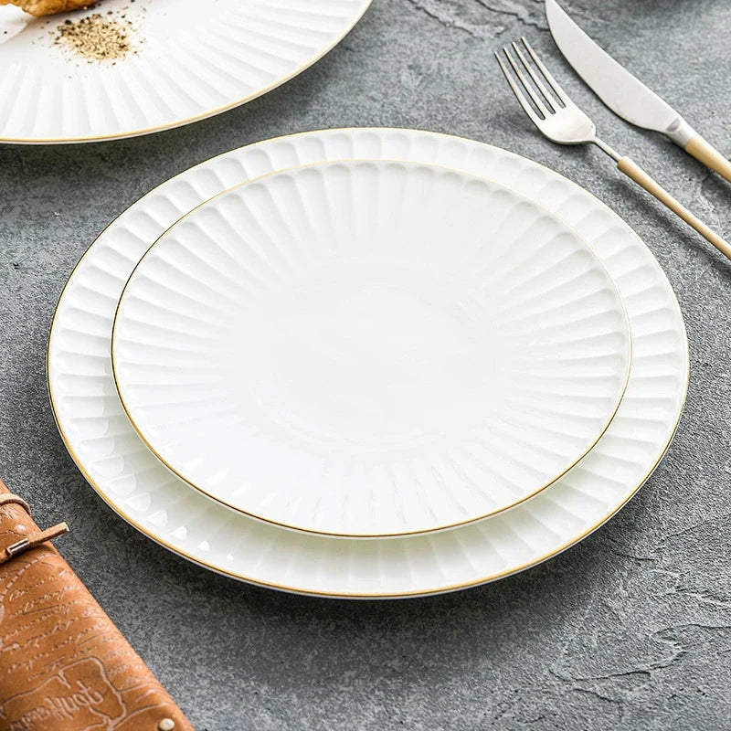 Pleated White Porcelain Plate with Gold Rim