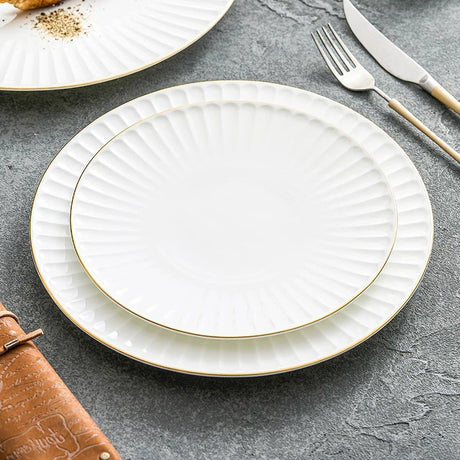 Pleated White Porcelain Plate with Gold Rim
