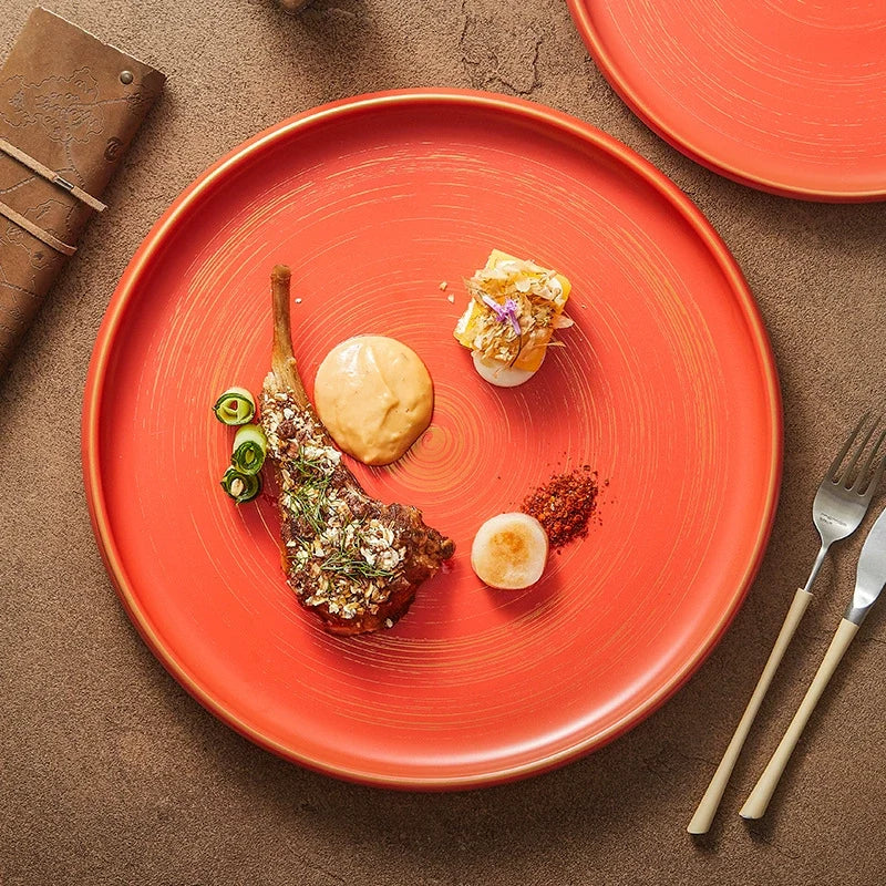 Matte Ceramic Plate with Raised Rim, Gold-Brushed Edge