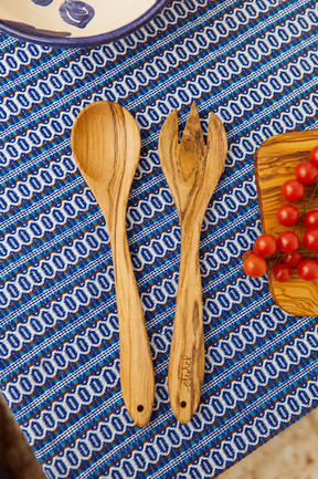 Olive wood salad servers, one smooth and one pronged