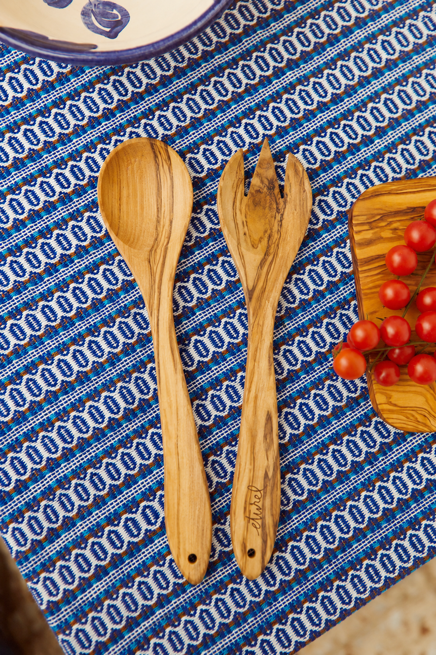 Olive wood salad servers, one smooth and one pronged