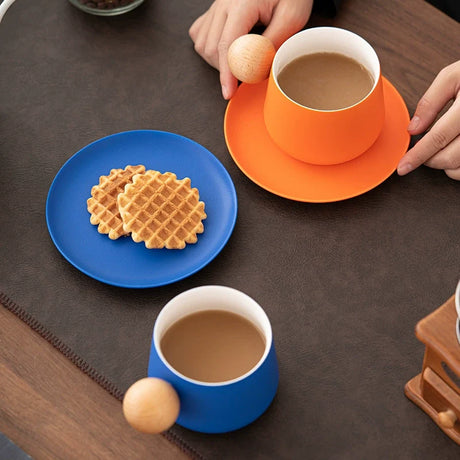 Ceramic Mug & Saucer with Wooden Ball Handle