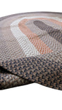 Oval braided jute rug in grey, brown, terracotta and cream bands