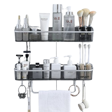 Gray adhesive-mount bathroom shelf